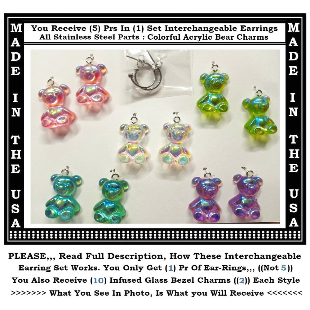 5/$20 Gummie Bear Dangle Candy Interchangeable Charm Earrings-5 Pairs in Set